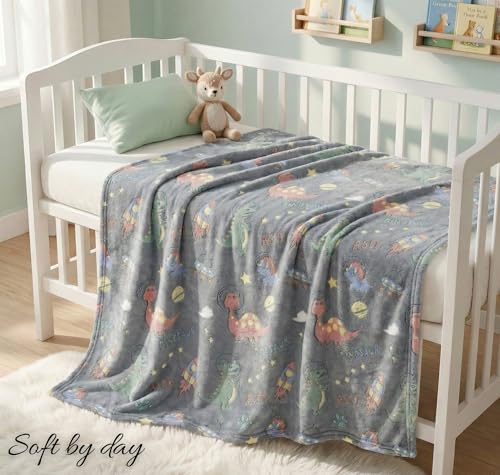 Image of BSB HOME Glow in The Dark Kids Blanket, Soft Flannel Fleece Luminous Blanket for Boys & Girls, Cozy Lightweight Kids Throw for Bed - 30 x 40 in (76 x 102 cm) (Dinosaur & Space Theme - Dark Grey)