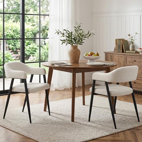 Image of HNY Modern Dining Room Arm Chairs Set of 2, Mid-Century White Faux Sherpa Boucle Upholstered Barrel Dining Chairs with Arms, Black Metal Legs, Open-Back Kitchen Side Chair for Living Room
