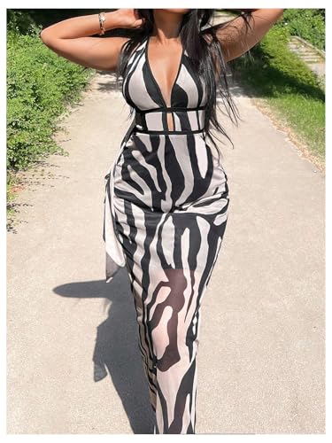 Image of MakeMeChic Women's Zebra Print Dress Halter High Waist Mesh Bodycon Backless Maxi Dresses Multicolor X-Large