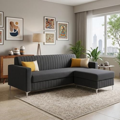 Image of SOCOZI Anton 4 Seater L Shape Sofa Set with Movable Ottoman | Flexible Left or Right Layout | Soft Velvet Suede Fabric | Modern Design | Plush Comfort Cushions for Living Room (Dark Grey)