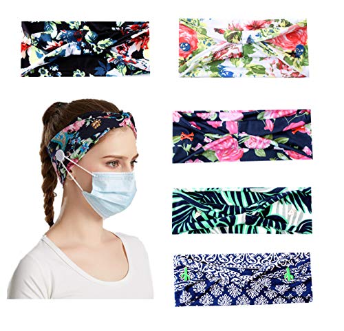 5 Pack Button Headbands Yoga Running Sports Elastic Non Slip Sweat Pins Headbands Workout Boho Printed Hair Bands Ear Protection Holder -Protect Your Ears Headband