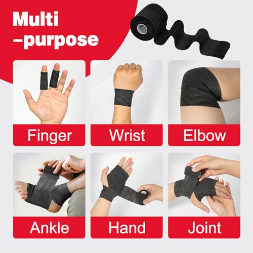 Image of AZEN 8 Pack Self Adhesive Bandage Wrap, 2 inch X 5 Yards Elastic Cohesive Bandage Wrap, Black Athletic Tape, Vet Wrap, Ankle Tape, Tattoo Grip Tape Wrap