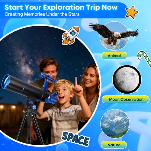 Image of Hawkko Telescope for Adults & Kids Beginners, 80mm Aperture 500mm Telescopes for Adults Astronomy, (20X-150X) Portable Refractor Telescope Kit with Decorate Stickers, Backpack, Phone Adapter-BlackBlue