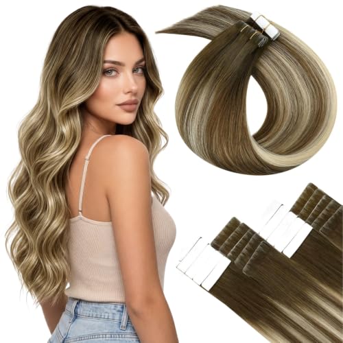 Image of LaaVoo Ombre Walnut Brown Mix Ash Brown Tape in Hair Extensions Human Hair Invisible Tape on Hair Extension Injectable Tape in Extensions Human Hair Straight 20 Inch 50g 20Pcs