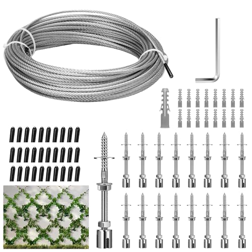 Hanured Rankhilfe aus Edelstahl für Kletterpflanzen, mit Wandhaltern und 3mm Stahlseil, Pflanze Die Rankhilfe Edelstahl(16 Halter, 24m Seil)
