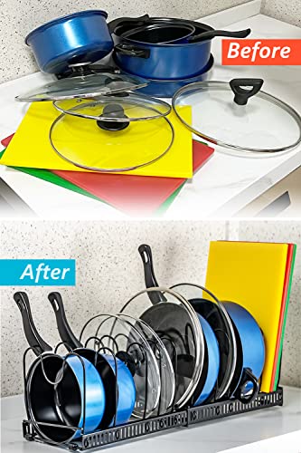 Kleverise 10 Dividers Expandable Pot Pan Organizer Rack Storage Under Cabinet– Heavy Duty Cast Iron Adjustable Diy Pot Pan Rack - Space Saving Pot Pan Lid Holders #TOP1