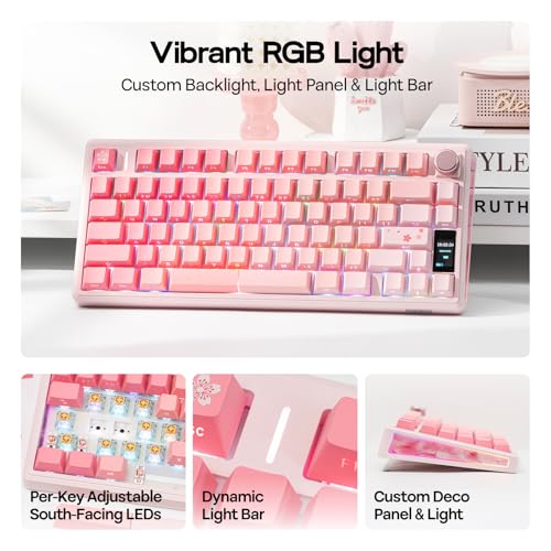 Image of EPOMAKER TH80 V2 PRO Wireless Gaming Keyboard with Screen&Knob, 10000mAh, 2.4Ghz /BT /USB-C, RGB, Hot Swap, Custom Driver, NKRO, PBT Keycap, Mechanical Keyboard for PC /Mac (Pink, Sea Salt Silent)