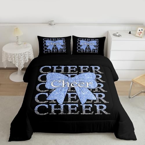 Image of Feelyou Cheer Bow Bedding Set Soft for Boys Girls, Cheerleader Comforter Set Toddler Size Funny Sport Duvet Quilt Microfiber Blue Bedroom Decor 2 Pcs with 1 Pillow Cases
