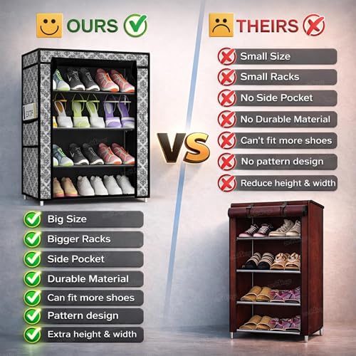 Image of Zest 4 Toyz 4 Shelf Shoe Rack for Home with Zip Door Cover & Side Pockets Shoe Stand Multipurpose Storage Rack for Footwear Toys Clothes with Dustproof Cover (Printed Design)