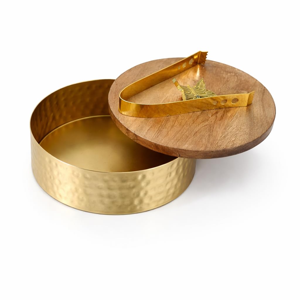 Maverics Wooden Roti Chapati Box Container For Kitchen Air Tight Hot Roti Pot Wood Casserole Insulated Thermos Roti Storage Server Basket Dabba Combo With Lid & Tong (Brass & Wood) - 800 G, Multicolor