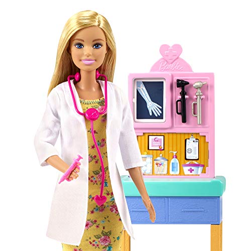 Barbie Pediatra Muñeca rubia doctora con bebé, consulta médica de juguete y accesorios (Mattel GTN51)