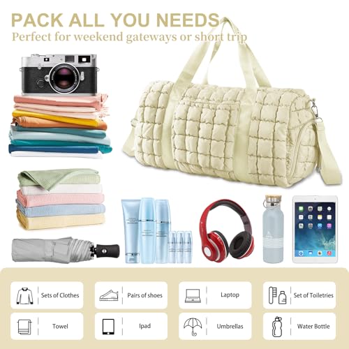 Image of Quilted Travel Duffle Bag Gym Bag for Women,Large Puffer Duffle Weekender Bag with Compartment,Workout Overnight Carry on Organizer Bag Duffle Bag for Airplane Travel(Off-white)