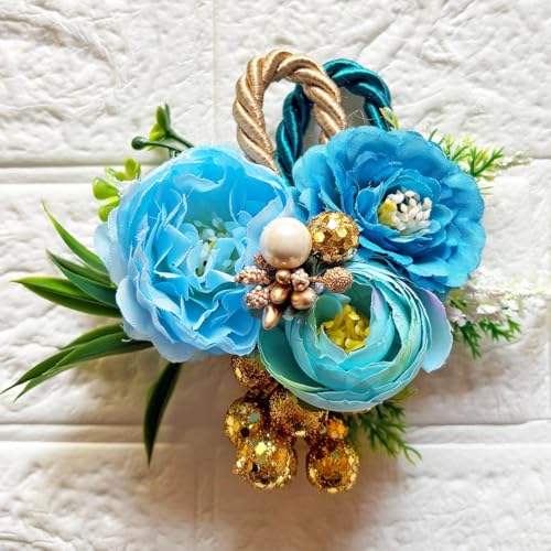 Image of ADIKALA Handmade Artificial Big Peonies 3 Flower Bunch for Trousseau Packing, Ready to use Flower Brooch Hamper for Decoration, Gift Wrapping Flowers (3, Blue)