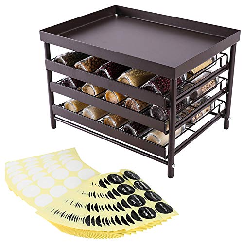 TQVAI Upgrade Version Stackable 30 Jars 3-Tier Spice Rack Organizer with Pull Out Drawers and Labels - Fit for Countertop, Cabinet, Pantry - Frosted Brown