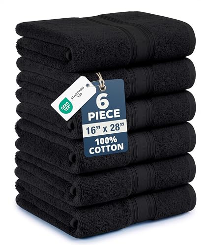 Black Hand Towels for Bathroom - 6 Pack (16x28) 100% Ringspun Cotton Hand & Face Towel - Soft Prevent Fraying Fade and Shrink Resistant - Daily Use Gym Towels for Men & Family Bathroom Hand Towel