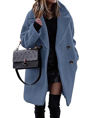 BTFBM Women Winter Faux Fur Coats 2026 Lapel Long Sleeve Fuzzy Fleece Outerwear Button Down Sherpa Jackets Fall Outfits(Light Blue, Large)