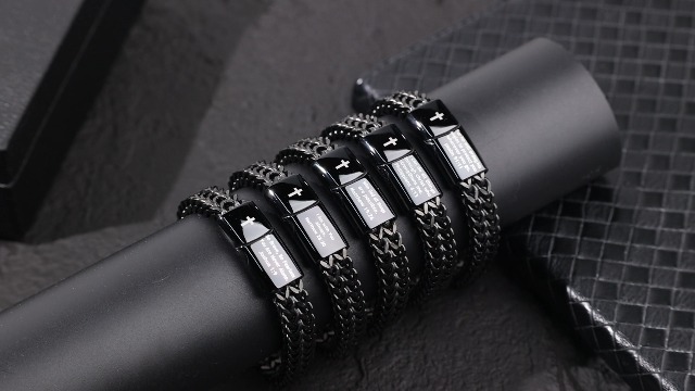 Pulsera masculina estilo biblia de acero inoxidable negra miniatura 7