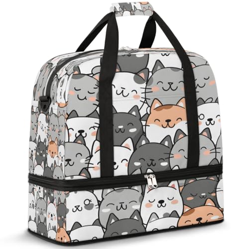 Travel Duffel Bags Cartoon Cat Foldable Weekender Bags for Women with Shoes Compartment Waterproof & Tear Resistant Carry on Overnight Luggage Duffel Bag Shoulder Sports Tote Bag