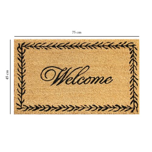 Image of ATMAH Welcome Leaf Border Coir Door Mat 45 x 75 cm | Heavy Duty Entrance Mat | Anti Slip PVC Backing | Indoor & Covered Outdoor Doormat