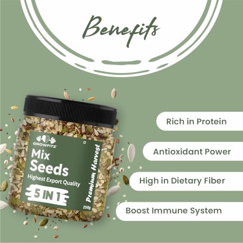 Image of Growfitz 5-in-1 Super Seed Mix | Pack of 2 (250g Each)| 20.5g High Protein & Fiber | Roasted Pumpkin, Sunflower, Flax, Chia, Soy Nuts & Sesame | Healthy Snack | Export Quality Superfood