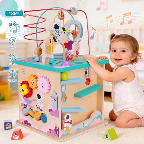 Image of Pre-Assembled 9 in 1 Large Wooden Activity Cube. Educational Learning Toy for Kids with Bead Maze, Shape Sorter and Music Gears and More. for Toddlers 18 M+. Birthday Gifts for Boys and Girls