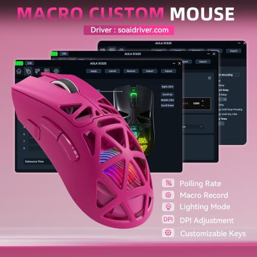 Image of Aula SC620 Wireless Gaming Mouse, Tri-Mode 2.4GHz /USB-C /BT5.3 Computer Mouse with 12000 DPI, Programmable Macro Gamer Mouse with Rapid Fire Key, RGB Light Gaming Mice for PC /Laptop /Mac(Hot Pink)