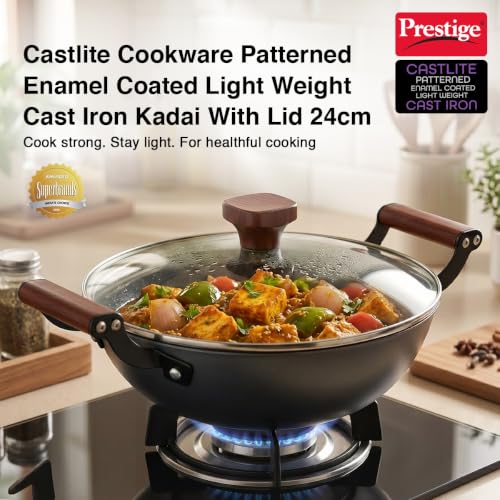 Image of Prestige Castlite Patterned Enamel Coated Cast Iron Kadai 24cm /2.4L with Glass Lid | High Heat Retention, Rust-Proof | Gas & Induction Compatible | Low-Oil Cooking | Stay-Cool Handles | 15Y Warranty