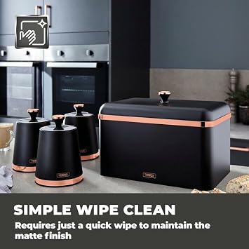 Tower Cavaletto Black & Rose Gold 7 Piece Kitchen Appliance & Storage Set - 1.7L Jug Kettle, 4 Slice Toaster, 800W 20L Microwave, Breadbin & 3 Canisters. Contmeporary Matching Kitchen Set