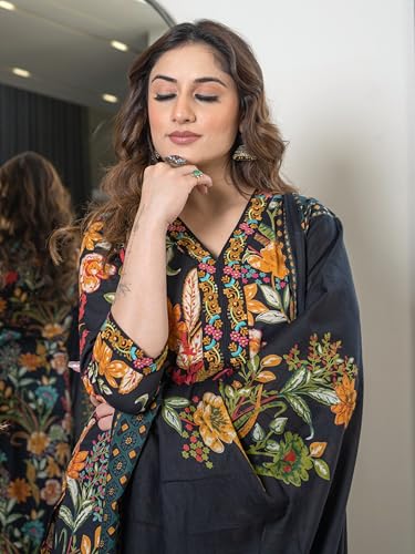 Image of Arayna Women's Pure Cotton Floral Kurta Set with Pants & Dupatta | Embroidered V-Neck Ethnic Suit