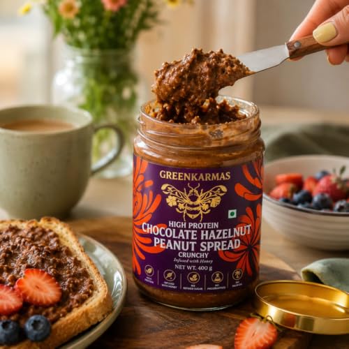 Image of GreenKarmas Hazelnut Chocolate Peanut Butter 400g, High Protein Peaunute Butter with crunchy texture, No Refined Sugar, No Palm Oil