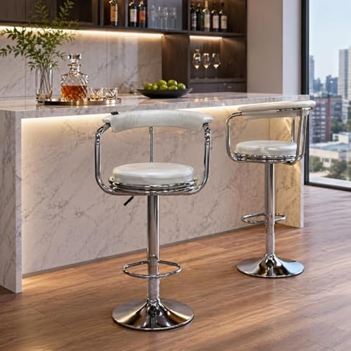 Image of Kemon Modern Adjustable Swivel Bar Stool Chair with Backrest, PU Leather Hydraulic Counter Stool with Footrest for Kitchen Island, Cafe & Home Bar (1, White, Round Barrel Stool)