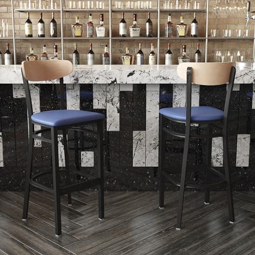 Image of Flash Furniture Wright Commercial Barstool - Natural Birch Finish Wood Boomerang Back - Blue Vinyl Seat - 500 LB. Capacity Black Steel Frame - Integrated Footrest