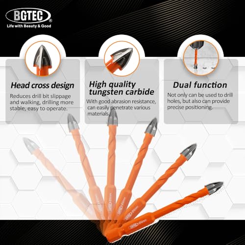 BGTEC Masonry Drill Bits, 10pcs 5MM*2+6MM*4+8MM*2+10MM+12MM Tungsten Carbide Tip Tile Drill Bit Set for Ceramic Tile, Brick Wall, Masonry, Concrete, Glass, Plastic and Wood Quick-fit Hex Shank — view 5