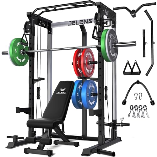 Image of JELENS C21 Power Cage, 2000LBS Multi-Function Power Rack with Independent Dual Pulley System, All-in-One Squat Rack for Cable Crossover, Home Gym Workout Machine