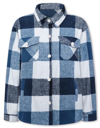 SANGTREE Girls Flannel Shirt Jacket Button Down Long Sleeve Plaid Shacket, Plaid Jacket Blue, 9-10 Years = Tag 1602