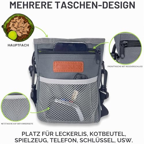 TRIPOLACO Leckerlitasche für Hunde - Großer Leckerlibeutel für Hunde mit Mehreren Taschen, Kotbeutelspender & Handyfach, 3 Tragevarianten - Idealer Futterbeutel Hundetraining & Spaziergänge
