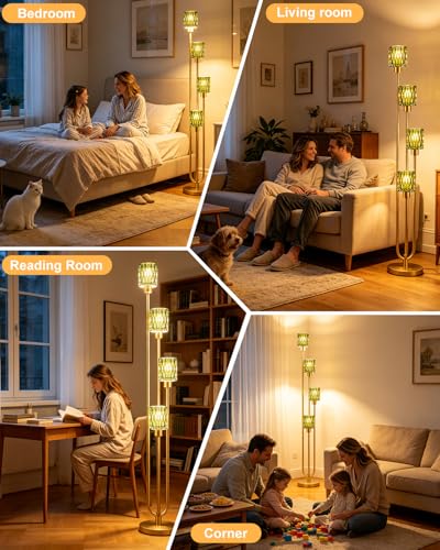 Image of Lightdot 4-Lights Glass Floor Lamp Dimmable Gold Floor Lamps with Green Glass Shade 3000K Bulbs Included Unique Modern Standing Tall Lamp with 5Lbs Heavy Base for Living Room /Bedroom /Sofa Beside