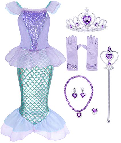 COTRIO Mermaid Costume Dress Little Girls Princess Dresses Birthday Party Halloween Cosplay Outfits with Accessories (6, 5-6 Years, Gloves, Tiara, Scepter, Necklace, Ring, Earrings)