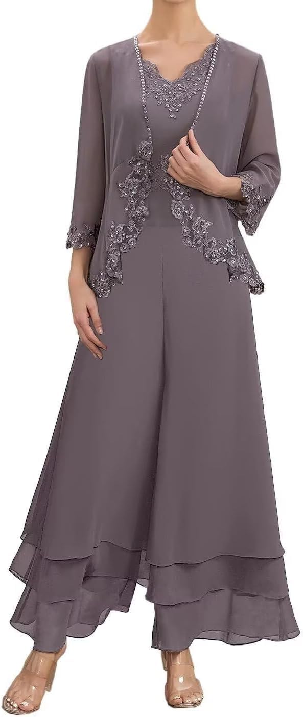 Hosenanzug Damen Festlich Hochzeit Elegant 2-Teiler Chiffon Brautmutter Spitze Hosenanzüge Mutter Der Braut Outfit Mit Jacke