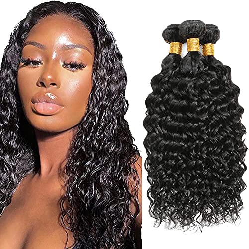 NiegMeag 20 22 24 Inch Human Hair Bundles Water Wave Bundles Brazilian Human Hair Water Wave Bundles 300g Remy Hair Wavy Hair Weaves Sew in Weft Natural Black Color Hair for Women