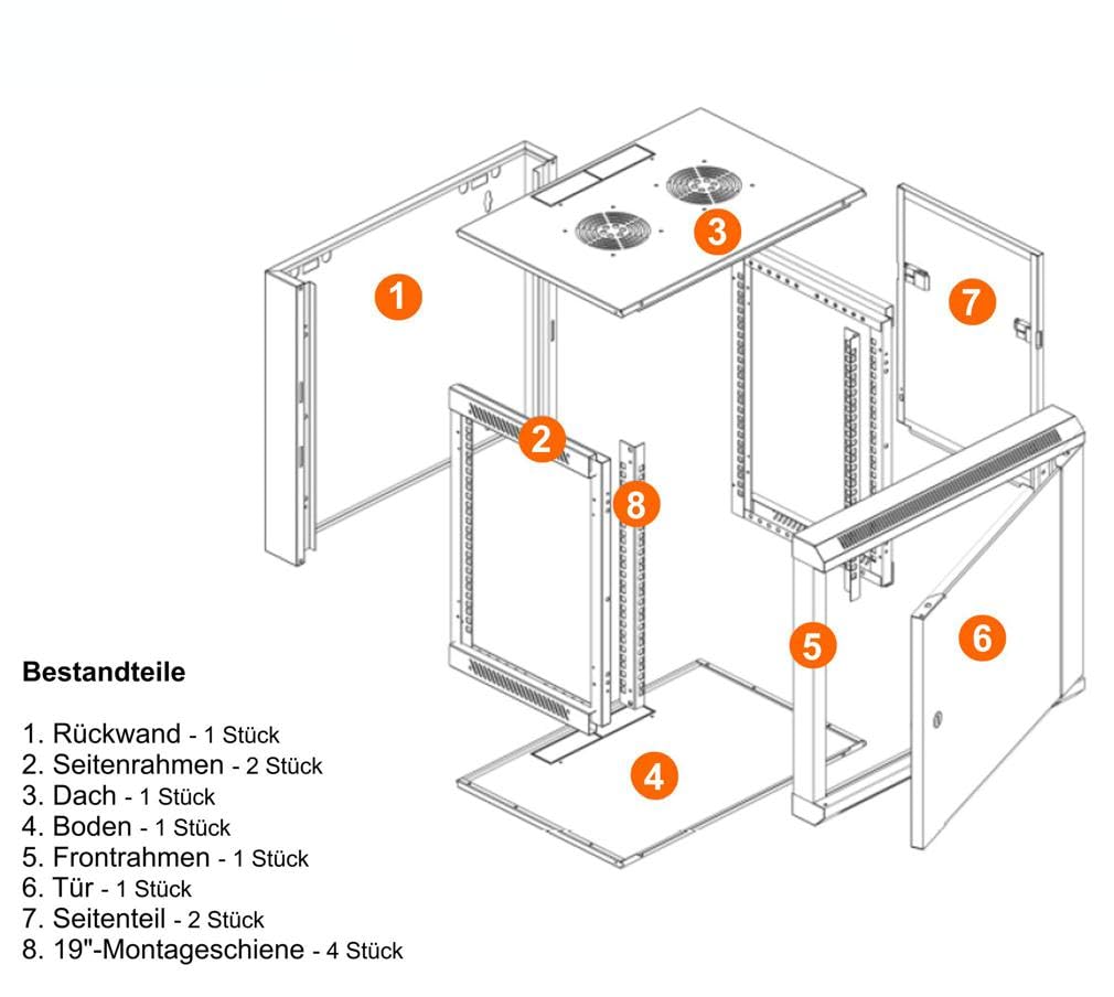 19 Zoll Netzwerkschrank 4 HE BxT 570 x 350 mm RAL 9005 inkl. Zubehör | abschließbare Tür, inkl. Montagematerial, tiefenverstellbaren Montageschienen, 60kg Traglast