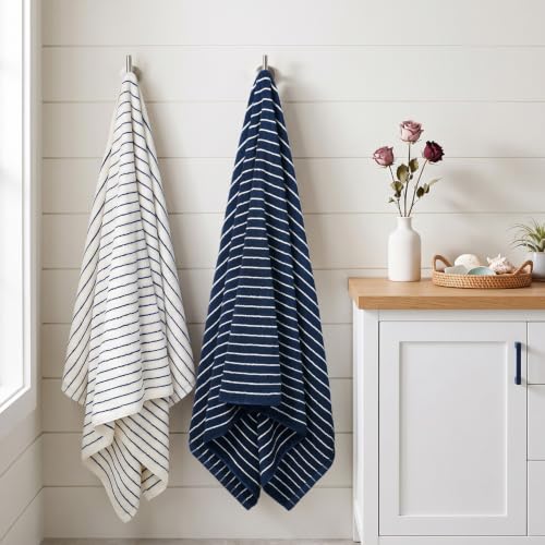 Image of Navy Blue Bath Towels Set of 2, Striped Towels for Bathroom, Pool & Shower