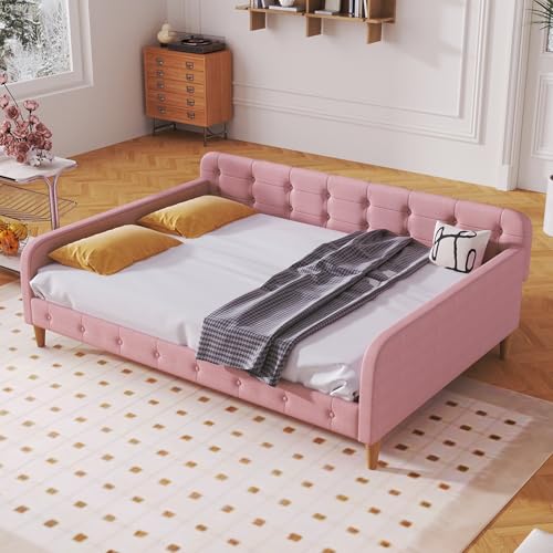 Merax Linen Corner Daybed Sofa Bed with Support Legs, Pink