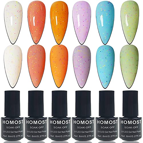 HOMOST Milky Colors Gel Nail Polish Set, 6PCS Milky Rainbow Colors Gel Nail Polish Set for DIY Nail Starter Kit