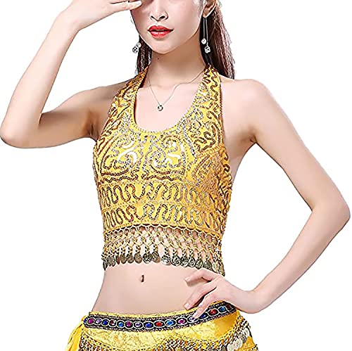 Image of VRITRAZ Women's Chiffon Belly Dance Chiffon Top, Harem Pants and Hip Scarf Ringy Golden Coins Fancy Pants