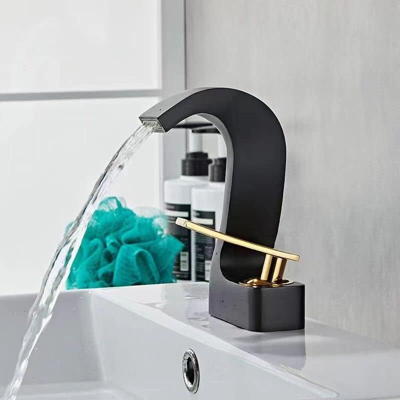 Image of BASSINO Stylish Waterfall Bathroom Faucet - Brass, Black & Gold, Single Hole, Floor Mount, 1 Hole, 1 Handle, Lever, Ceramic Disc Cartridge, Robotic Electroplating, Corrosion Resistant, Timeless Finish