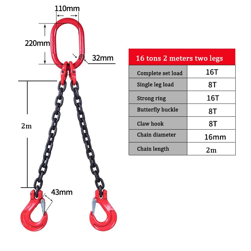 JIEYUGH Chain Sling 5/8 Inch X 6.56 FT Engine Lift Chain G80 Alloy Steel Engine Chain Lifts 16 Ton with 2 Leg Grab Hooks for Cargo Security Towing and handling