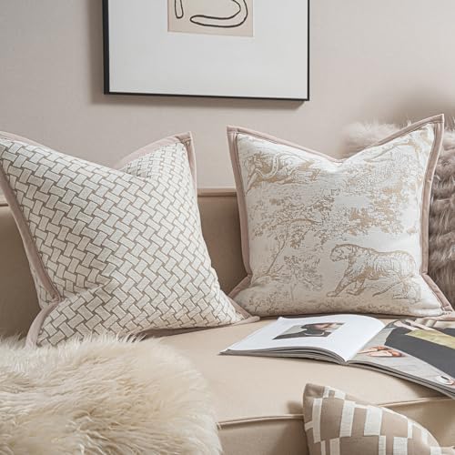 Croker Horse New 20x20'' inches Throw Pillow Cushion Covers - Jungle Pattern with Edge Strip Chenille Jacquard Embroidery Luxury Modern Style Couch Sofa Bed Pillow Cover for Living Room Bedroom by Croker Horse - Used condition - Image 4