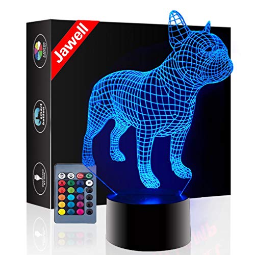 French Bulldog 3D Illusion Night Light Beside Table Lamp, Jawell 16 Colors Auto Changing Touch Switch Desk Decoration Lamps Birthday Birthday Gift with Remote Control