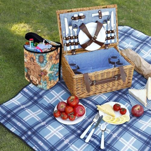 Image of Talayituse Boho Mandala Highland Cattle Print Car Trash Can with Adjustable Straps, Zip Closure Car Trash Bag Bin Auto Garbage Bag Multipurpose Storage Box for Vehicle Travel Camping Picnicing